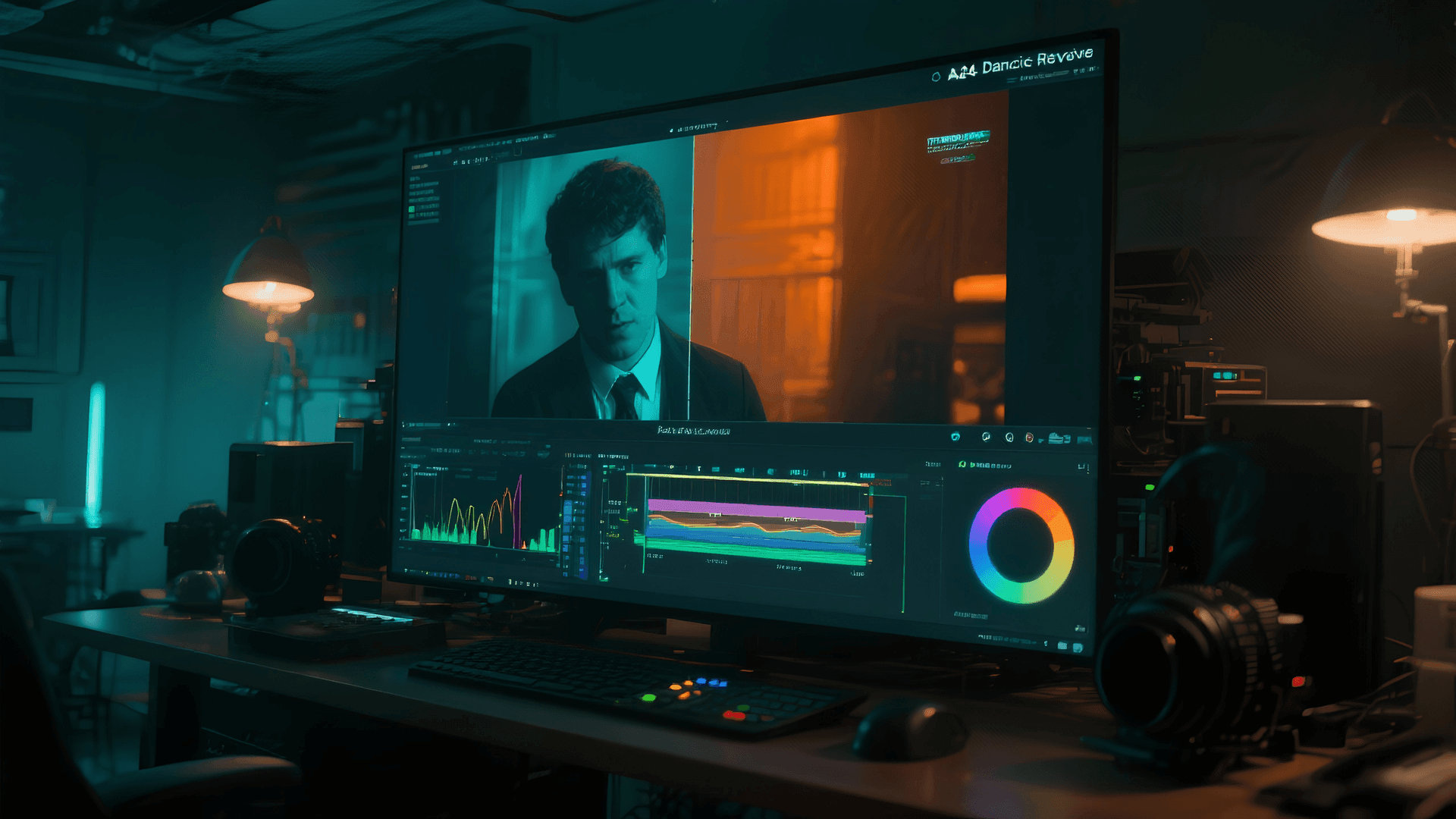 Filmmaker using AI-powered tools for cinematic video editing and visual enhancement in a Dubai post-production setup.