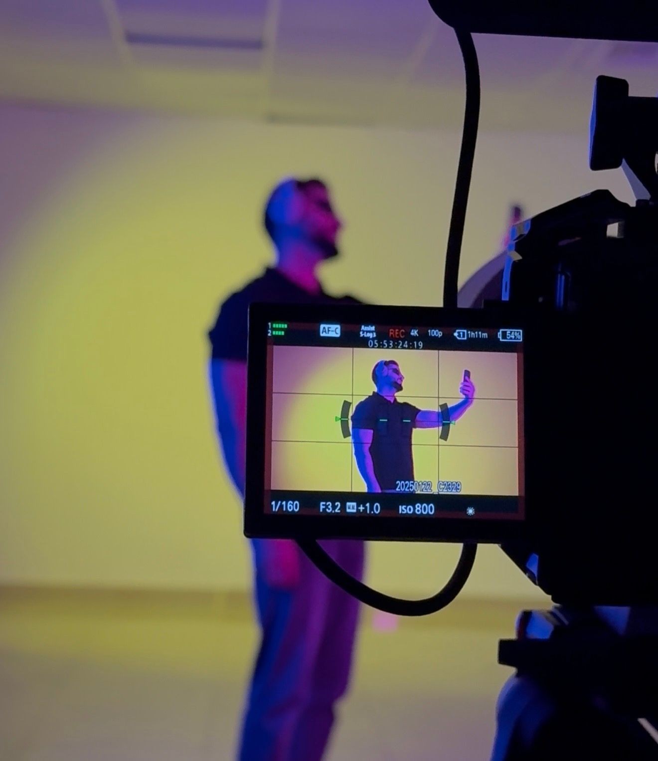 Behind the scenes of Zeid Alsayid capturing cinematic visuals using Sony cameras and professional lighting setups during a commercial shoot in Dubai.