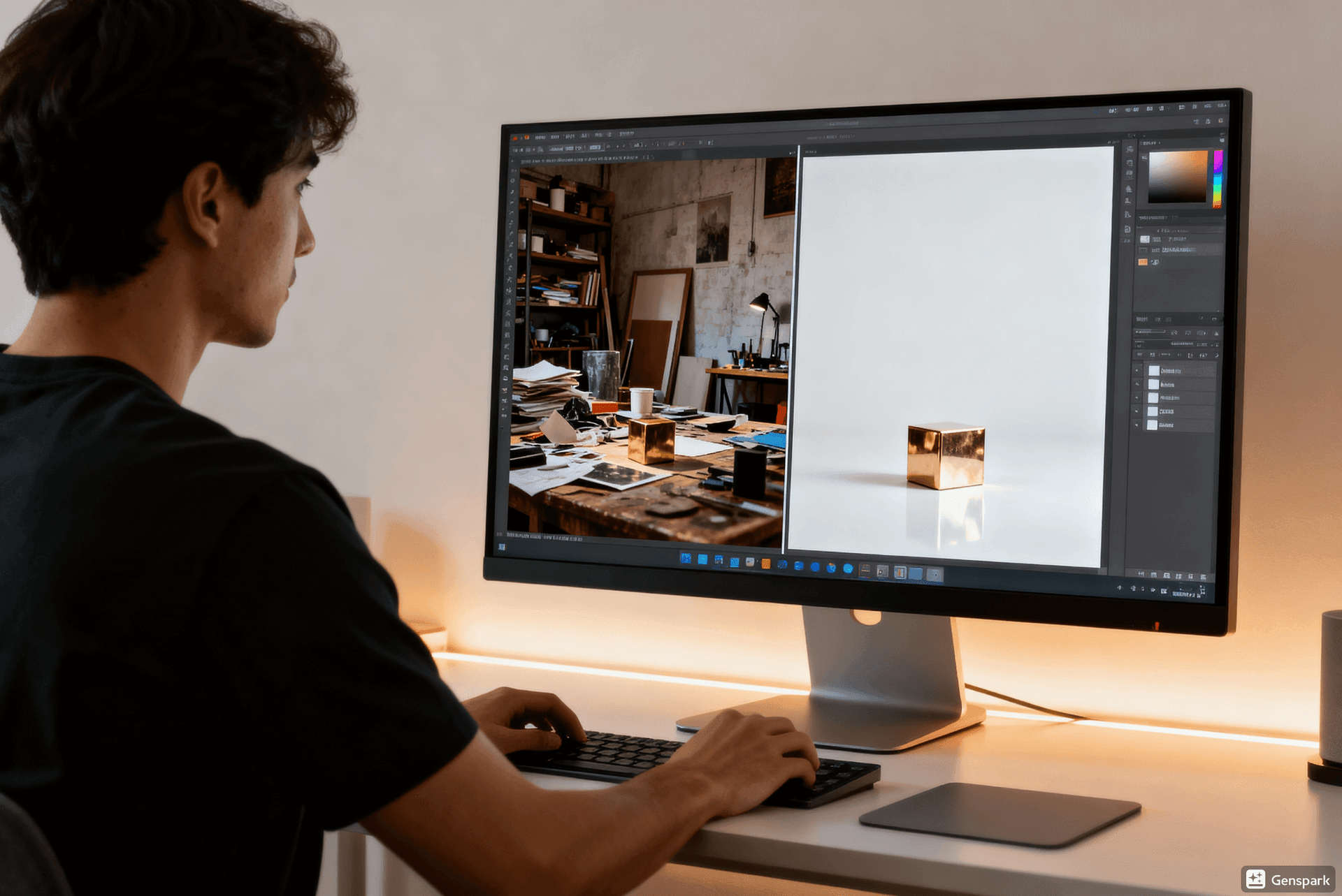 Zeid Alsayid editing commercial visuals using AI-powered post-production tools for background cleanup and object enhancement.