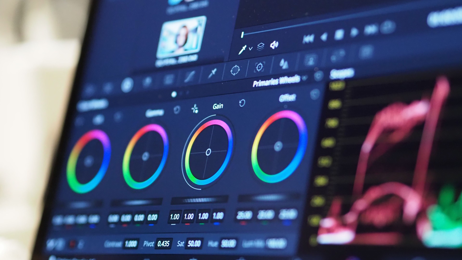 Color grading graph or RGB colour correction indicator on monitor in post production process. Telecine stage in video or film production processing. for colorist edit or adjust color on digital movie.
